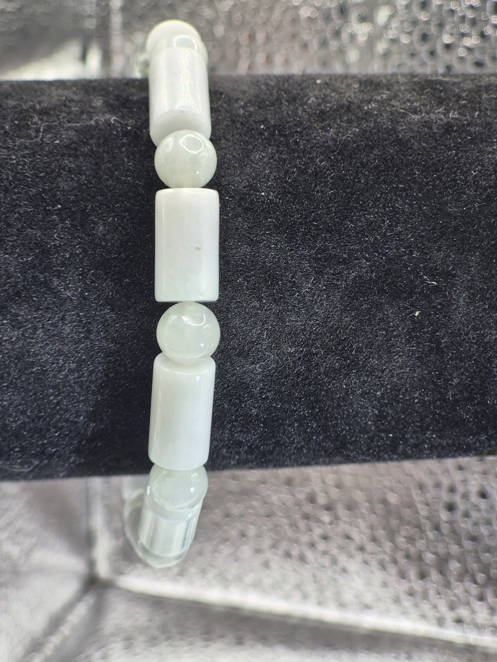 Genuine White Jade Bead Stretch Bracelet With Barrel And Round Beads